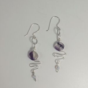 Artisan Fluorite And Moonstone Dangle Drop Earrings, Handcrafted